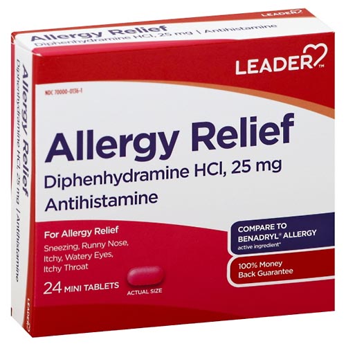 Image for Leader Allergy Relief, 25 mg, Mini Tablets,24ea from Harmon's Drug Store